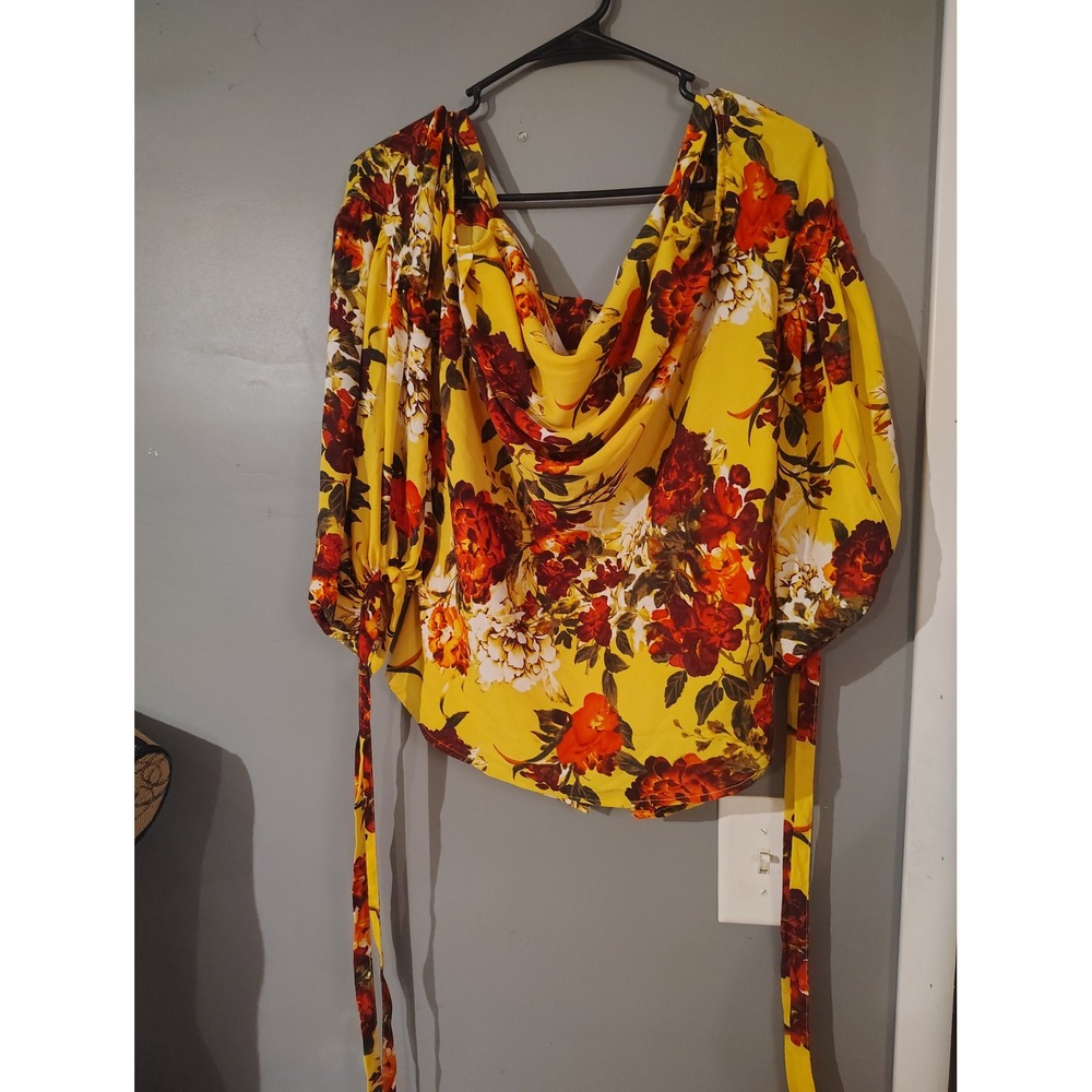 New York & Company Yellow Floral Cowl Neck Puff Sleeve Button Back Blouse Medium